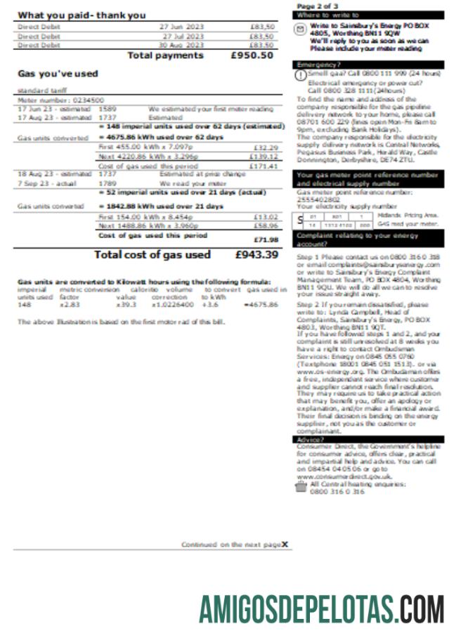 Projeto de lei de serviços públicos da Sainsbury Energy (British Gas), página 2. SCR amostra